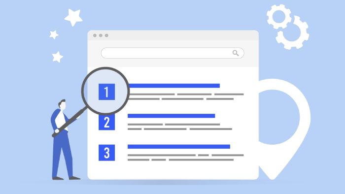 Image animée où une personne regarde avec une loupe le référencement d'un site sur Google.