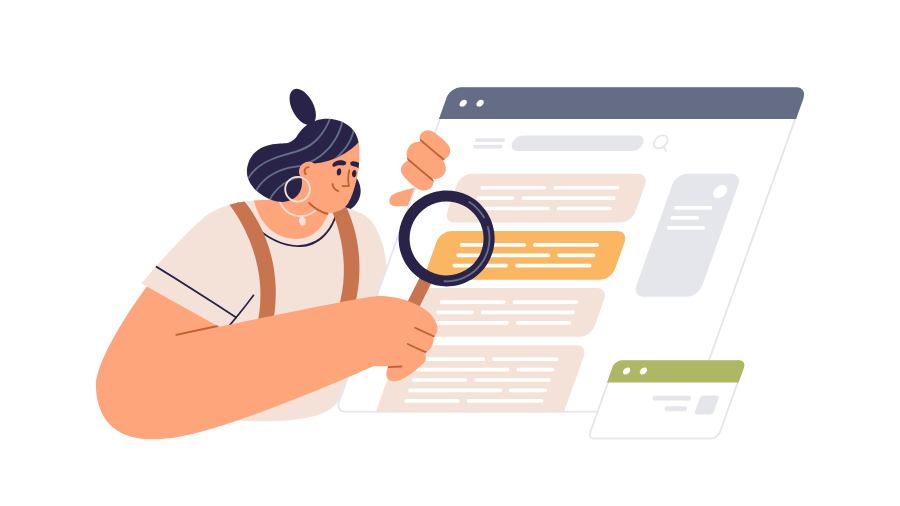 Illustration montrant une dame qui utilise une loupe pour analyser les sites internet qui sont dans les résultats de référencement Google.